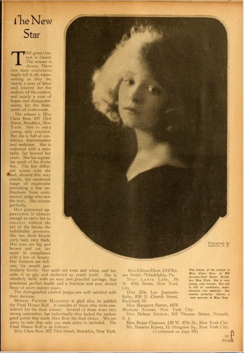 from Motion Picture Magazine, January 1922 Photo Caption: “The winner of the contest is Miss C