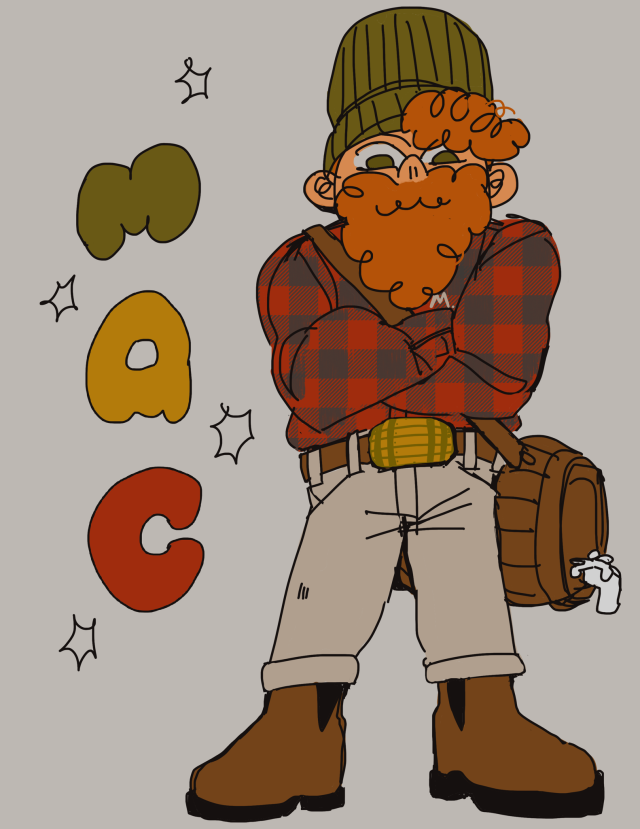 [ id: mac is a short, well-built dwarf man with a large, orange beard. a big puff of hair the same color as his beard peeks out from under an olive green knit hat. he is standing with his arms crossed over his chest, wearing a red flannel shirt monogrammed with the initial 'm'. mac is also wearing light grey pants, a brown leather belt with a golden barrel belt buckle, brown chelsea boots, and a keg slung across his body like a messenger bag. end id ]