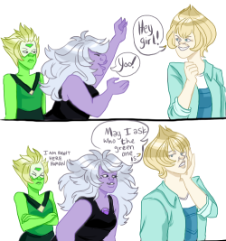 toria-art:  au where amethyst just drags peridot around town to “get her out of the house” and oh shit is this a date   teehee~ ;3