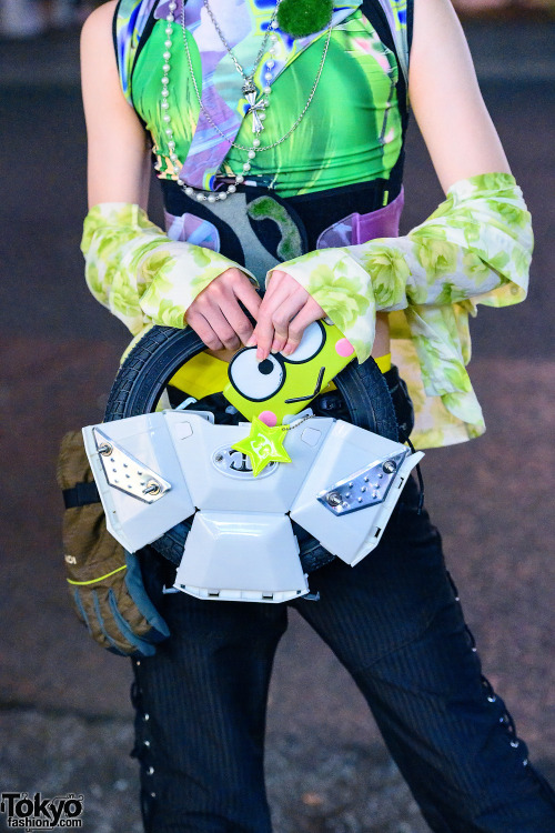 14-year-old Japanese street style personality Raiki on the street in Harajuku wearing a harness by S