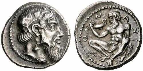 Silver drachm of the Sicilian city of Naxos.  Obverse: bearded head of Dionysus, with an ivy wreath;