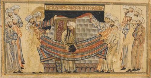 Muhammad handles the Black Stone of Mecca outside the Ka’ba in a 14th-century portrayal. The B