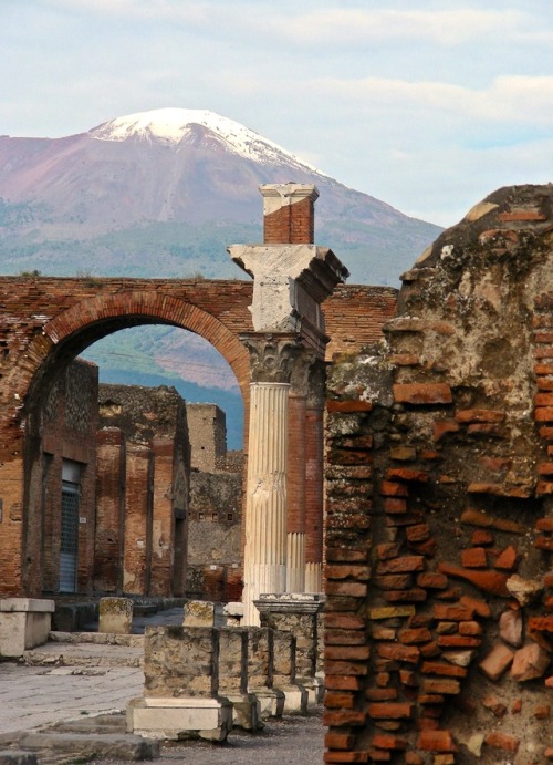 Colonne e altre rovine nei pressi del forum, Vesuvio in lontananza, Pompei, Campania, 2009.Having ju