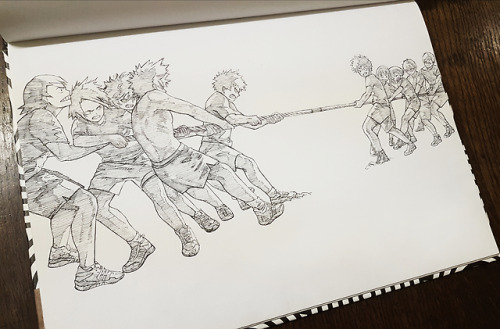 Inktober Day 31, Bakusquad VS. Dekusquad, Tug of War. They all give their very best.And that’s it fo