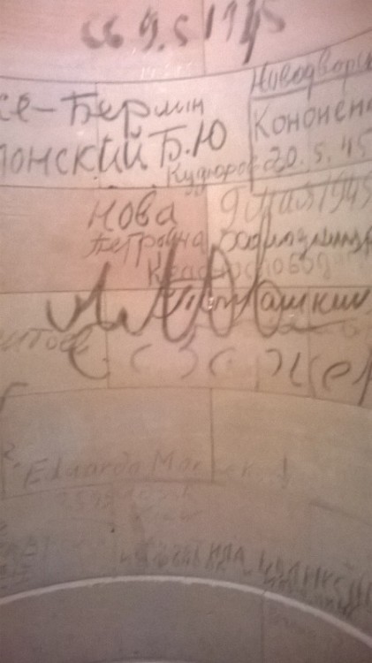 snapspan:  @sixpenceee this graffiti the walls in the reichstag (the German parliament building) was done by Russian soldiers after winning the battle for Berlin in 1945. The graffiti was rediscovered during renovation and when they sent it to a Russian