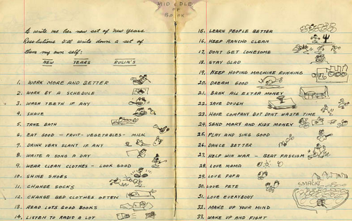 January 1, 1943, the American folk music legend Woody Guthrie jotted in his journal a list of 33 “Ne
