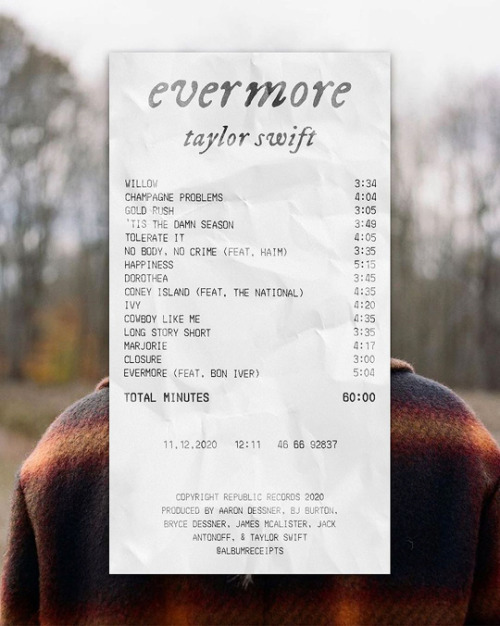 emmaduerrewatson:‘‘evermore’’ (2020) by Taylor Swift album receipt.