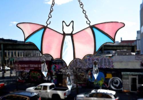 snootyfoxfashion: Trans Pride Stained Glass Bat Suncatcher from RivenBarrowGlass