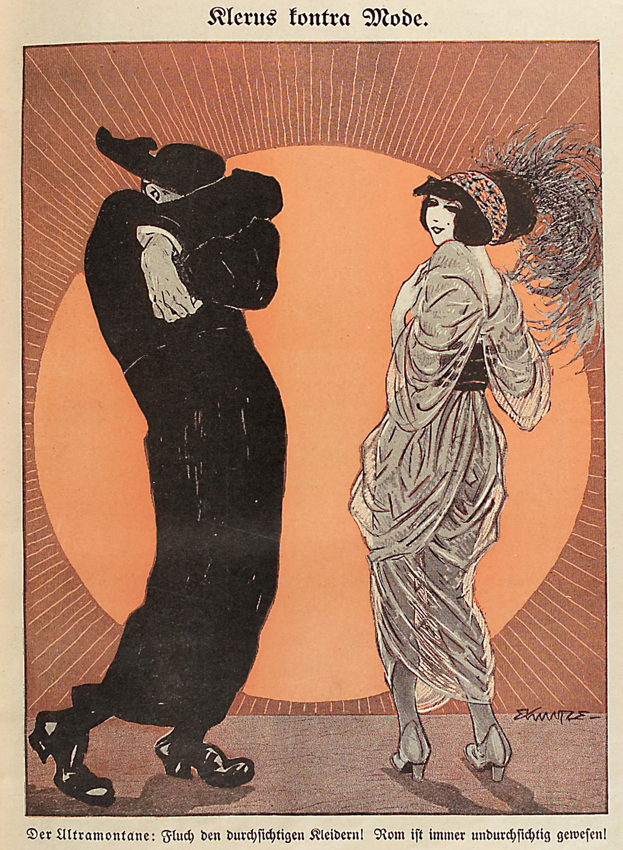 Edmund Kuntze, ‘Klerus kontra mode’ (Clergy versus Fashion), “Ulk”, #7, 1914
Source