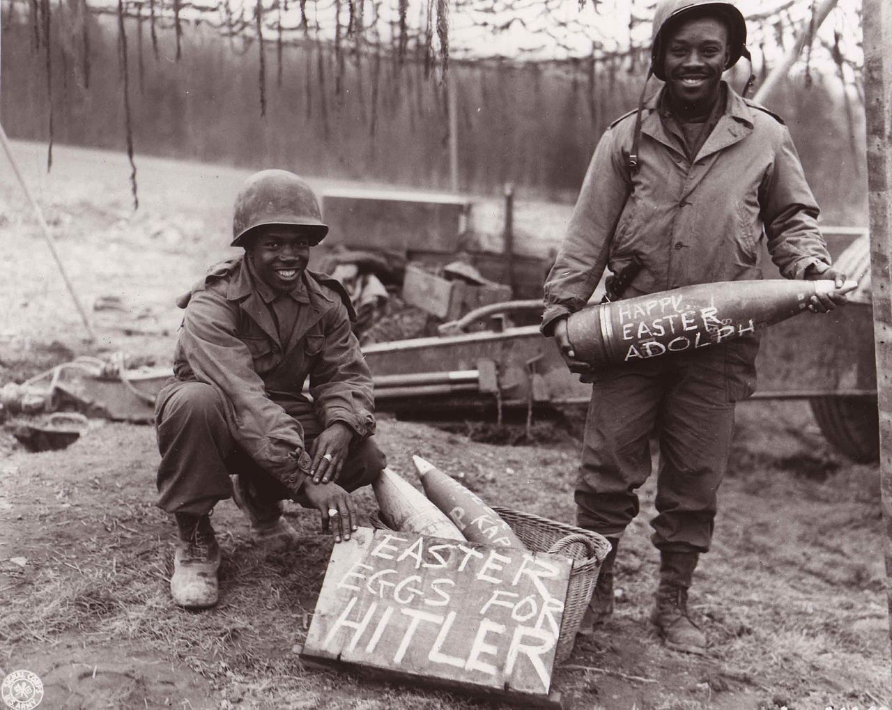 greatestgeneration:  Two American Soldiers proudly show off their personalized “Easter