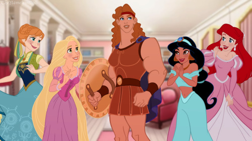 thenamelessdoll: Johnny wanted to see a Miss Hercules being admired by some Disney princesses. :3  (