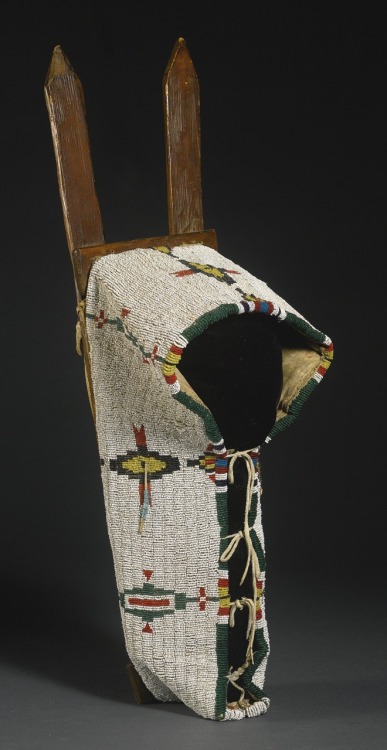 1-2-3 : Kiowa Beaded Hide Doll Cradle, Southern Plains.Hide, glass beadwork, cotton trade cloth lini