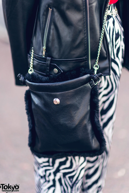 19-year-old Japanese beauty school student Saaya on the street in Harajuku wearing a leather jacket 