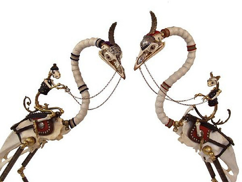 cross-connect:  Jessica Joslin transforms unexpected found objects such as bullet casings, old brass buttons, musical instrument parts, bones, and other nostalgic ephemera into skeletal animal figurines ranging in size from one inch to six feet. Her