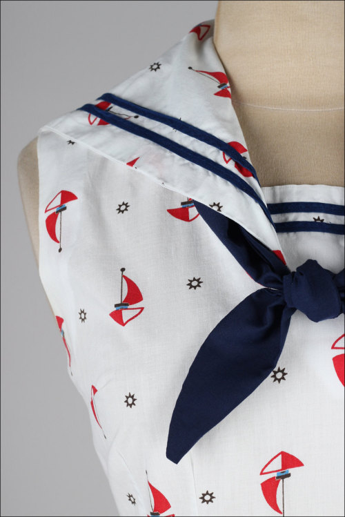 ephemeral-elegance:  Sailboat Printed Cotton Sailor Dress, ca. 1950s via Mill Street Vintage