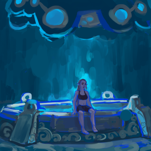 jujuthevuvu: Screenshot redraw doodles of botw au where Zelda wakes up in the resurrection chamber instead of Link.