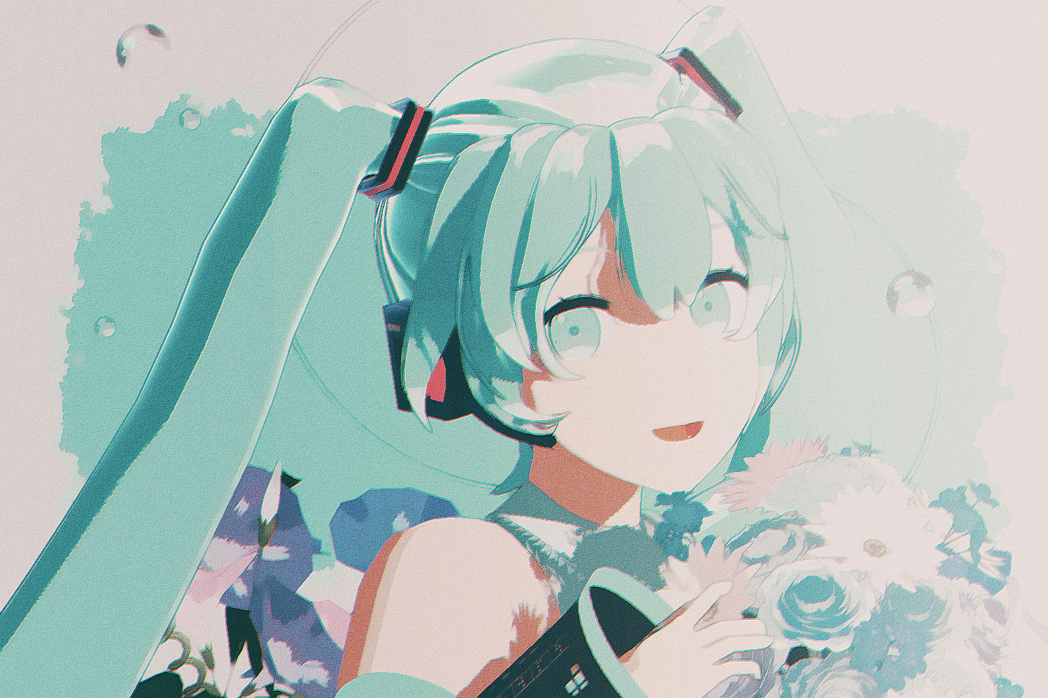 Hatsune Miku holding a bouquet of flowers.