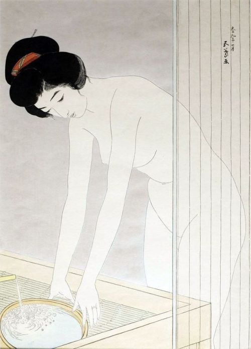 Woman washing her face   -   Goyō Hashiguchi ,1920.Japanese,  1880-1921Colour woodcut, 55 x 41.5 cm.