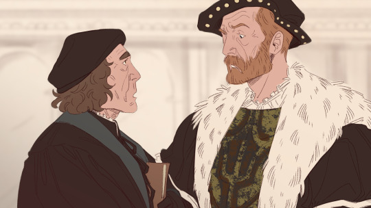 Fanart depicting Thomas Cromwell and Henry VIII from Wolf Hall: The Mirror and the Light, with Cromwell looking worried as Henry glares at him. .