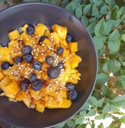 dateswithlove:  Mangoes, blueberries, coconut sugar and bukinis followed by juice 🌱 Good start to the morning 😘👌