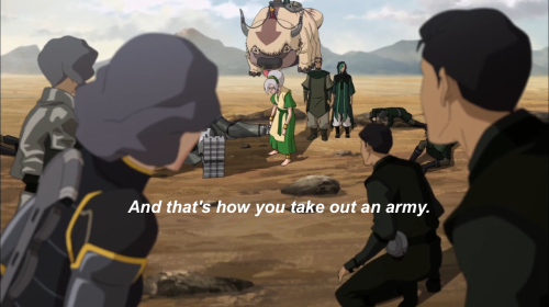 kuvirsass:  But let’s just talk about the fact that the Beifong’s have been fighting off Kuvira’s army for a while and were on the brink of getting captured again yet Toph, a blind old woman with a sore back who wanted nothing to do with this fight,