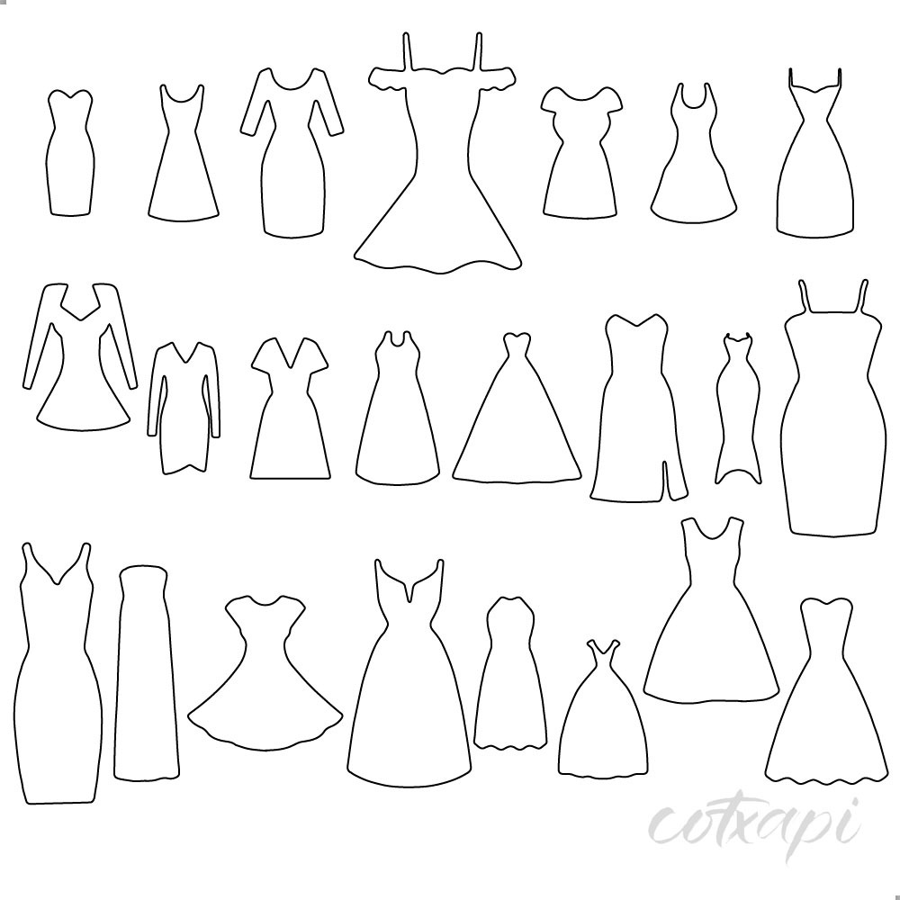 Girl Woman Ladies Dress Design Fashion Clothing Icon Set in Vector Dress Illustration Outline Art