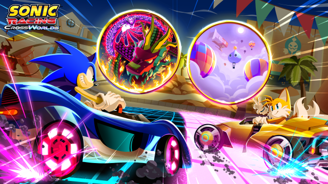 Artwork featuring Sonic and Tails drifting around a turn in Sand Road. Two Travel Rings appear, offering the drivers a choice to continue the path in either Dragon Road or Sky Road.