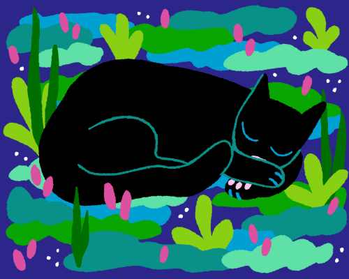 funzos:seepy cosy [ID: Two digital illustrations of cats sleeping. The first one has long orange fur