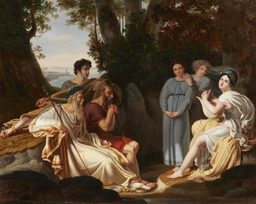 dentelledeperle:Charles Nicolas Lafond (1774–1835)Sappho singing to Homer, 1824