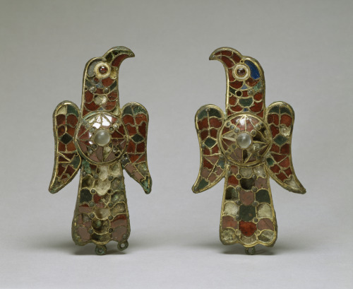 Pair of Eagle FibulaVisigothicSixth century CEGold over bronze with gemstones, glass, and meerschaum