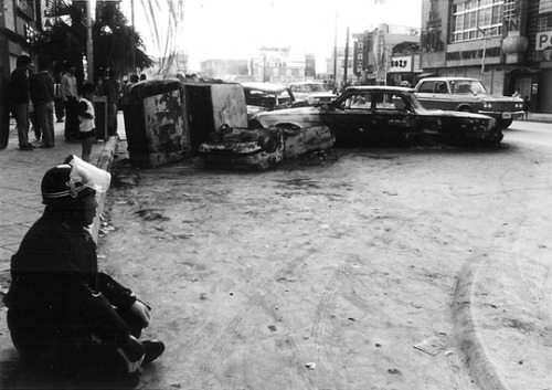 The aftermath of the Koza Riots in Okinawa, 1970. After the American occupation of most of Japan end