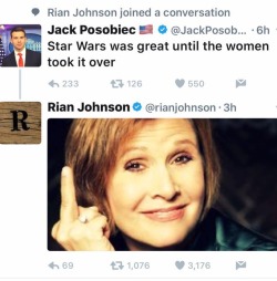 musicalhell: tehnakki:  skunkandburningtires: Rian Johnson, director of Star Wars: The Last Jedi, claps back. I hope we never stop using pictures of Carrie flipping people off to convey our feelings about stupid people  Carrie is smiling down on us and