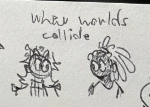 a very tiny very sloppy doodle of Patryck and Lucio from Overwatch staring at each other, above their heads says " When worlds collide "