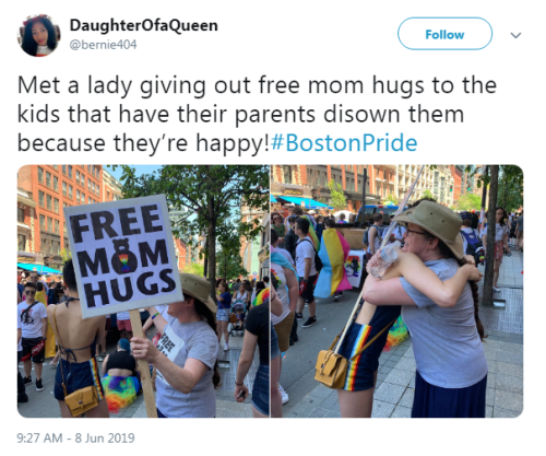 disastercrab: profeminist:  “Met a lady giving out free mom hugs to the kids that have their p