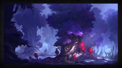 Concept painting for a night elf forest in World of Warcraft Legion.