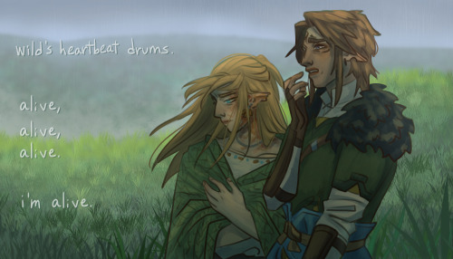 wild and twilight from linked universe standing in a rainy, foggy plain. wild is wrapped in a green blanket. twilight is on the verge of tears. they are both looking at something off-screen. text to the left says, "wild's heartbeat drums. alive, alive, alive. I'm alive."
