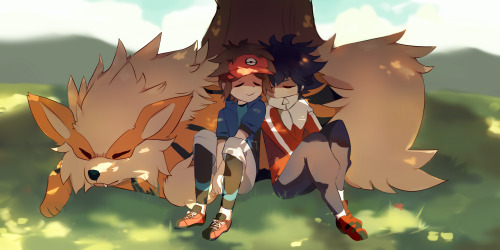 feaost:zzzz #i think about this art all the time  #theyre so soft ;-; #nate#hugh#greyskyshipping#pokemon