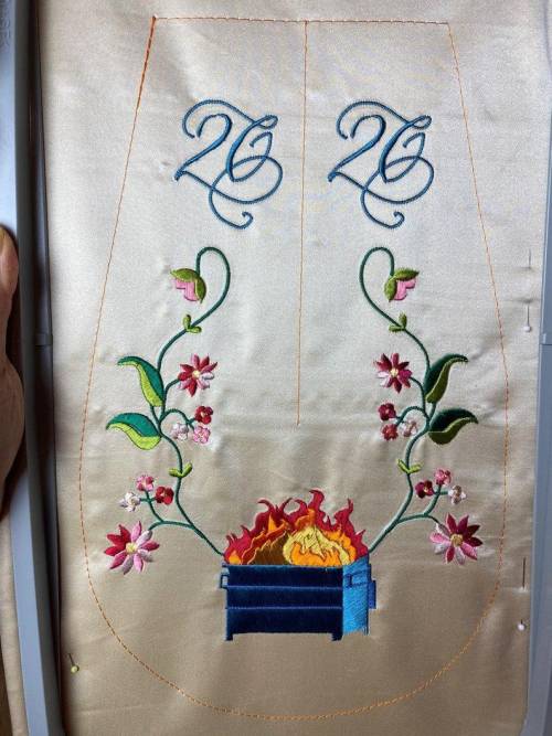 SewStine made a dumpster fire 18th century pocket embroidery pattern! (A hand one and a machine one.