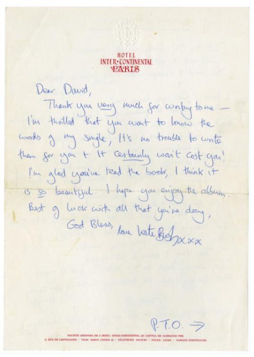 iconicpopstar:A letter Kate Bush sent in 1978 to a 14 years old fan who requested her the lyrics to 