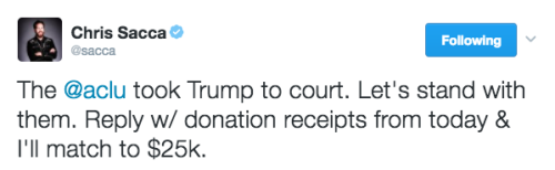 ironinkpen: ironinkpen:  ironinkpen:  ironinkpen: If you’re planning on donating to the ACLU today, take a screenshot of your donation receipt and post it in reply to this tweet! Your amount will be matched!! He’s matching up to โK now!! (x)  now