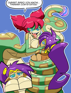 penkenarts:    Finally Finished last months patreon pic! Decided to make it immediately public as an apology for it being so late! ^^; It’s Tuki and Shantae! Shantae needs some Snake Milk to replenish her health! Tuki however, knows ways to bump that