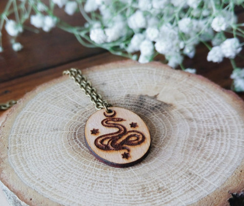 WOOD SNAKE tiny pendant rustic necklace - 2'1 cm - Laser cut, etched cherry wood pendant with rolo c