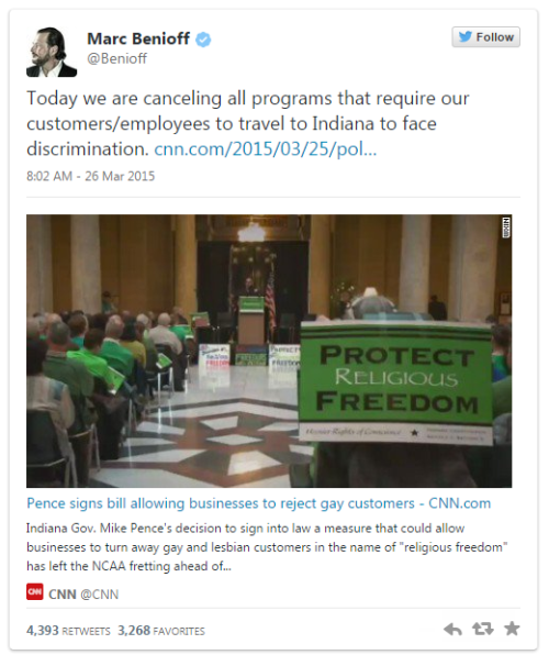 5 Immediate Examples of Backlash to Indiana&rsquo;s &lsquo;Religious Freedom&rsquo;Major businesses 