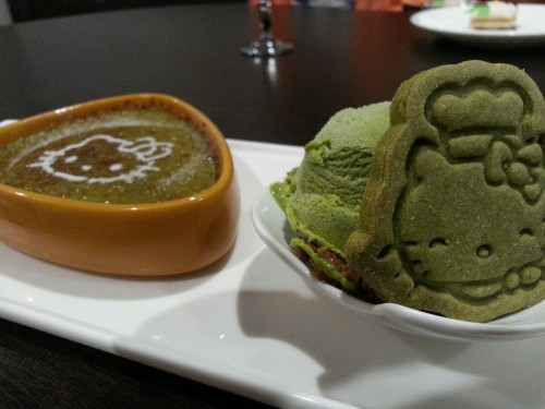 So I went to a Hello Kitty Cafe and guys this is a matcha Creme Brulee. That cookie…is matcha shortb