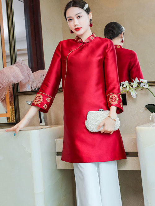 Red Green Embroidered Women Cheongsam Tang Coat