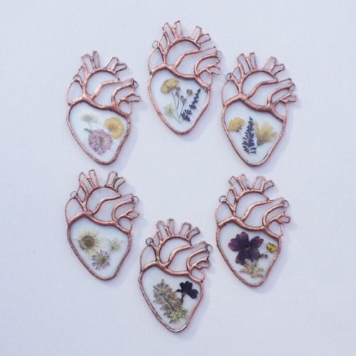 sosuperawesome:Pressed Ferns and Flowers Stained Glass Anatomical Hearts, by Cedar and Spruce Studio