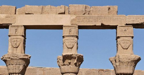 amntenofre:Sanctuary of the Goddess Isis at Philae (now on the Agilkia island):detail of three Hatho