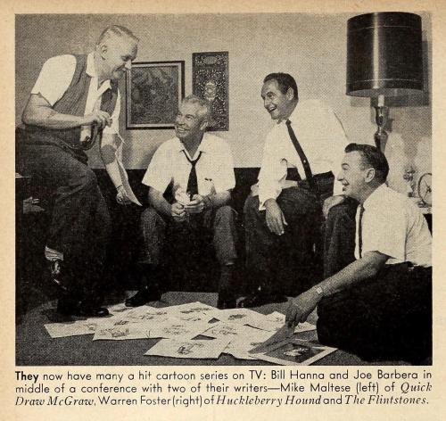 Story conference: Michael Maltese, William Hanna, Joseph Barbera, and Warren Foster.Radio-TV Mirror,