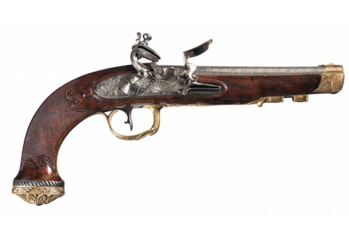 Exhibition quality gold finished Russian Tula Arsenal flintlock pistol, 18th century. Sold at Auctio