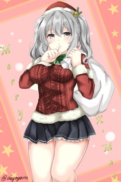 艦隊これくしょん、鹿島（艦これ）、高解像度、サック、スカート、ムチムチ、クリスマス、ロングヘア、サンタハット、ツインテール、ミニスカート、kono (uiyoyo199)、一人、乳、女一人、帽子、波打つ髪、カメラ目線、縛られた髪、クリスマス衣装、赤面、銀髪、青い目